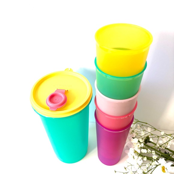 Tupperware Tumblers & Mega W/ Lid 16oz Drinking Glass NOS Set 7 USA Stackable
